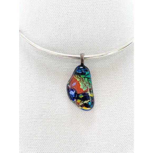 Handmade Dichroic Glass Pendant Silver Necklace Iridescent Multicolor - Picture 6 of 11